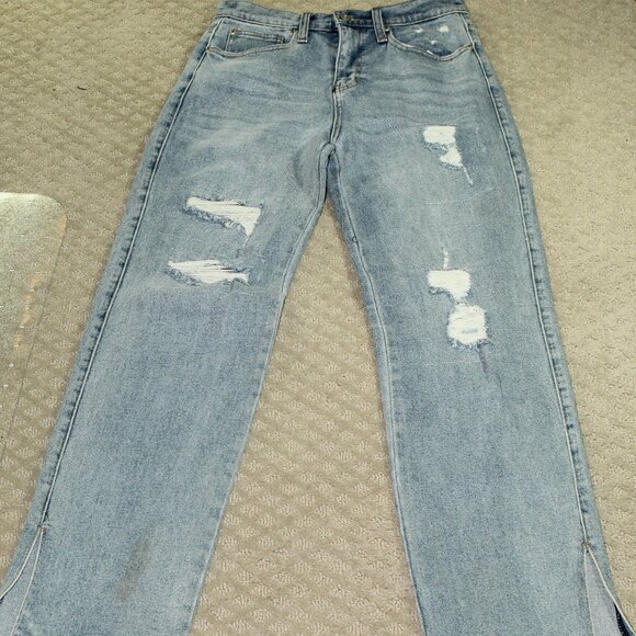 Fashion Nova Straight Jeans Women's Size 26 Blue Mid Rise Distressed Split Hem - Picture 1 of 7